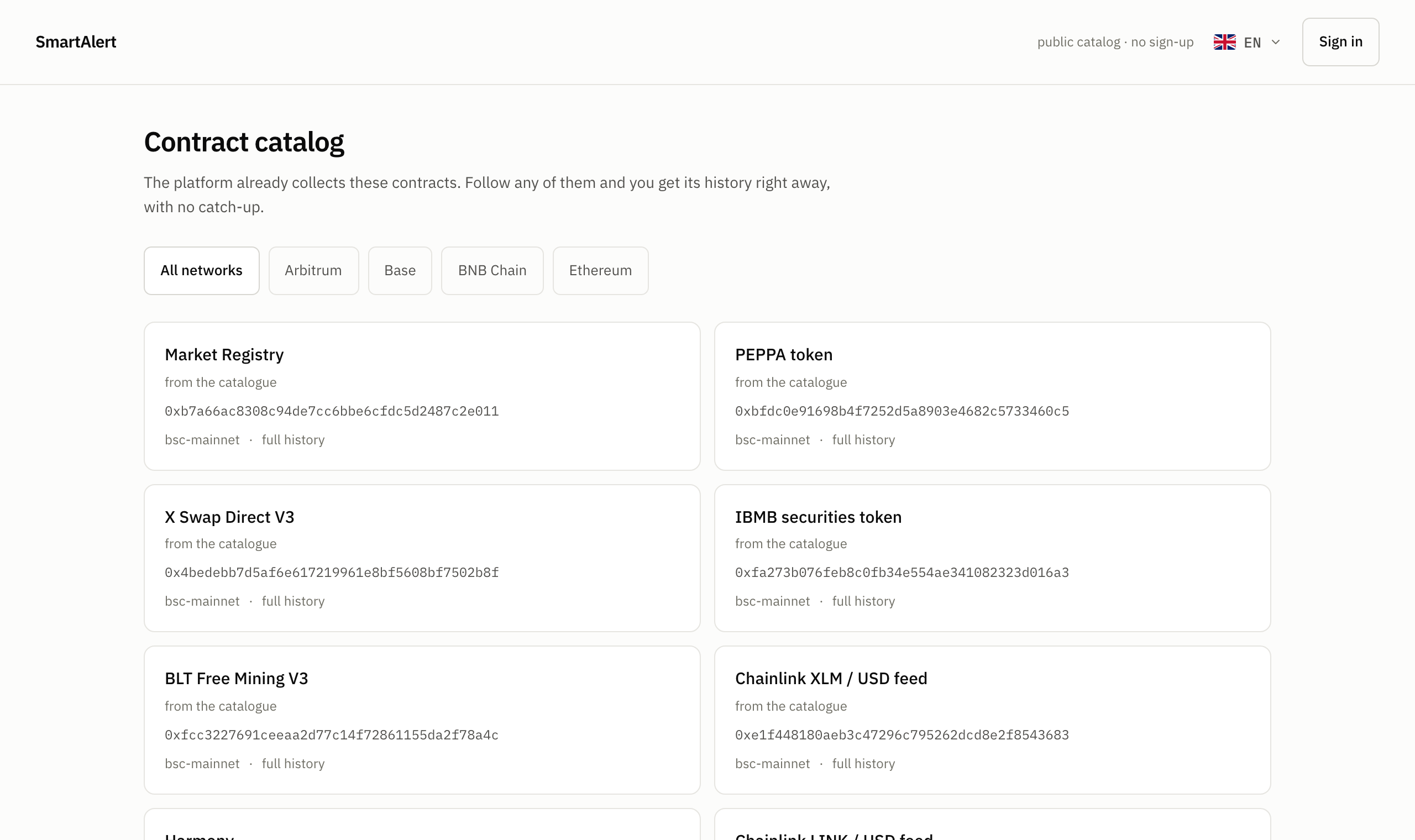 The contract catalog at /c: cards with the contract name, address and network